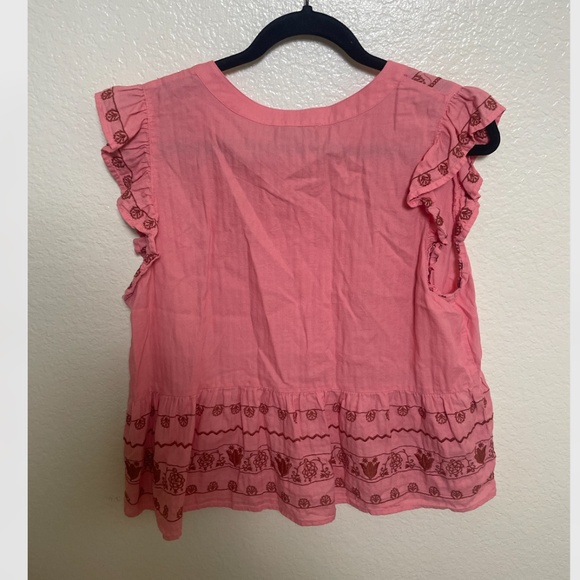 Ruffled Embroidered Peplum Business Casual Classy Chic Girly Hip Henley Blouse - Picture 3 of 5